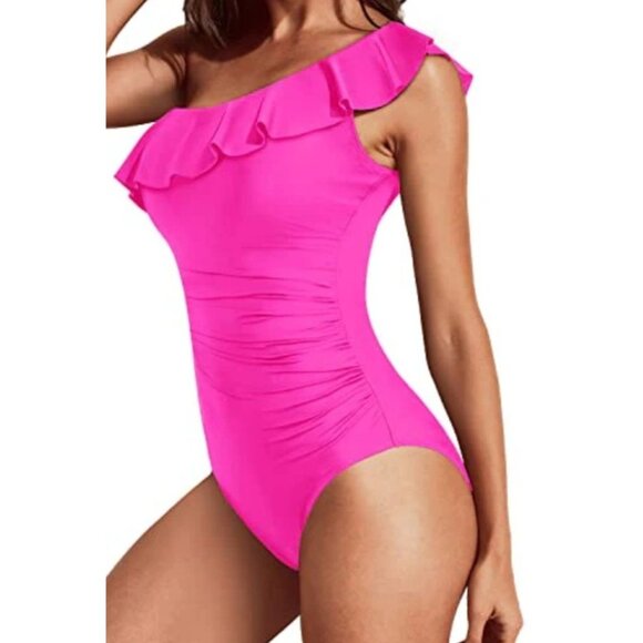 Tempt Me Womens Asymmetrical Neckline One Shoulder Ruffle Swimsuit Hot Pink Sz S - Picture 3 of 11